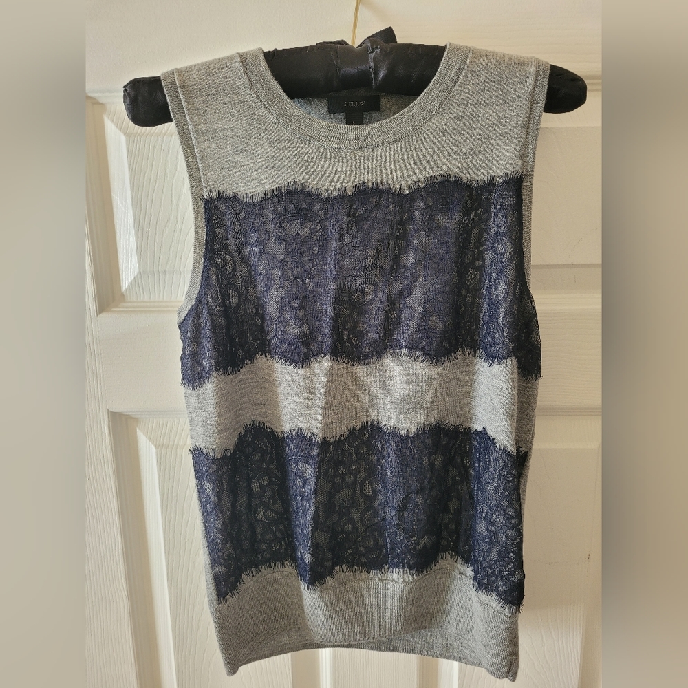 J. Crew Sweater Shell 100% Merino Wool with Lace Trim